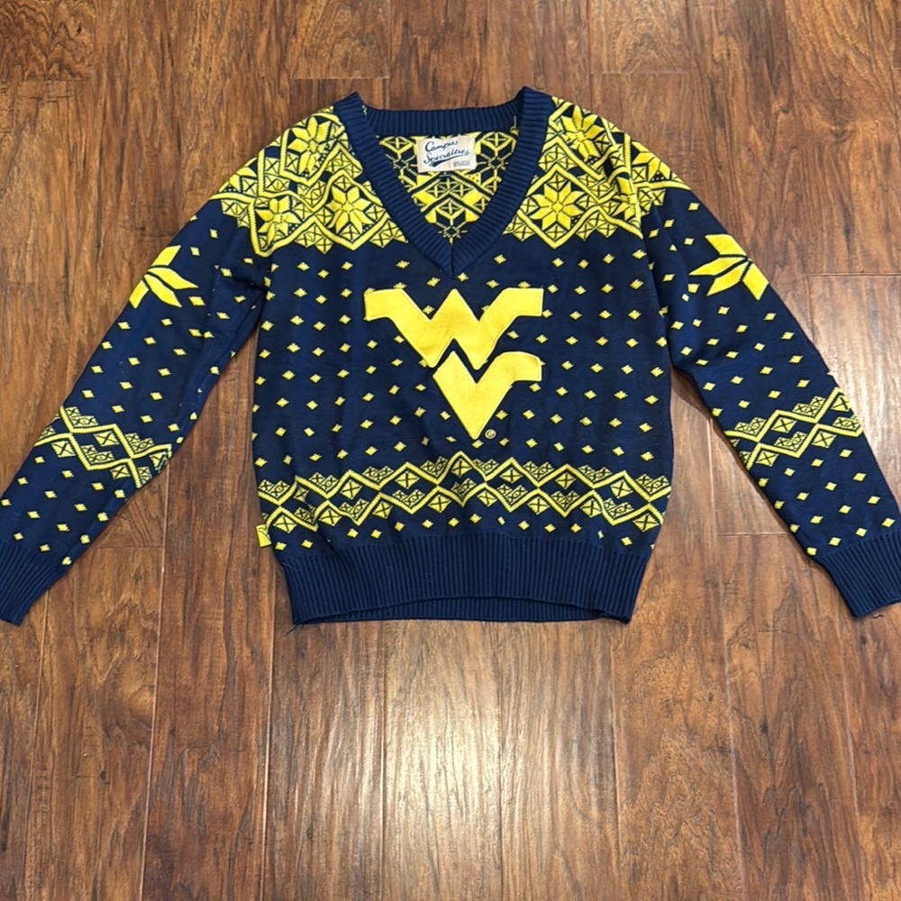 West Virginia University Navy and Yellow Sweater - L